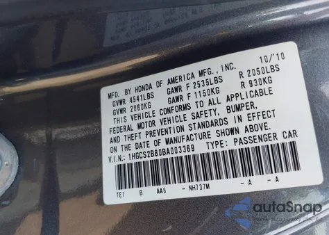 2011 Honda Accord 3.5 Ex-L из США, поврежденный, VIN 1HGCS2B80BA003369